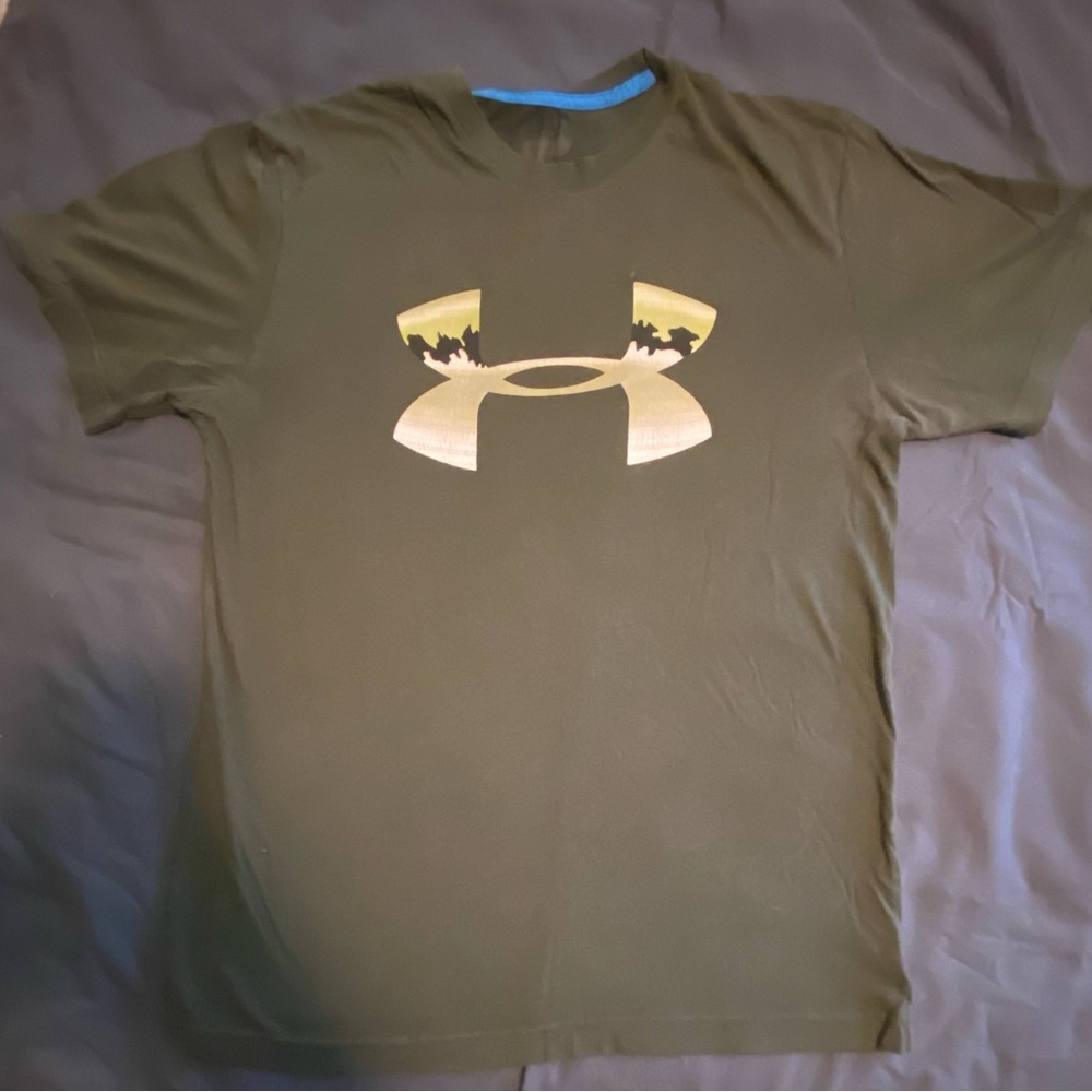 Under armor Tshirt. Olive green with camo emblem.